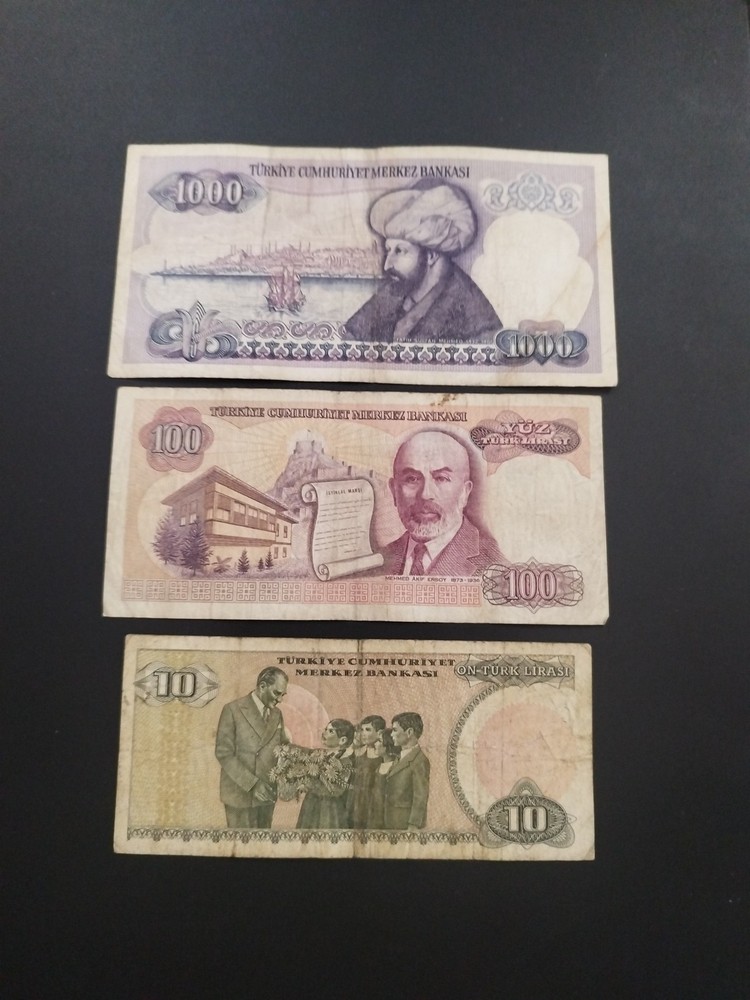 Turkey 3 different banknotes 1970s-1980s