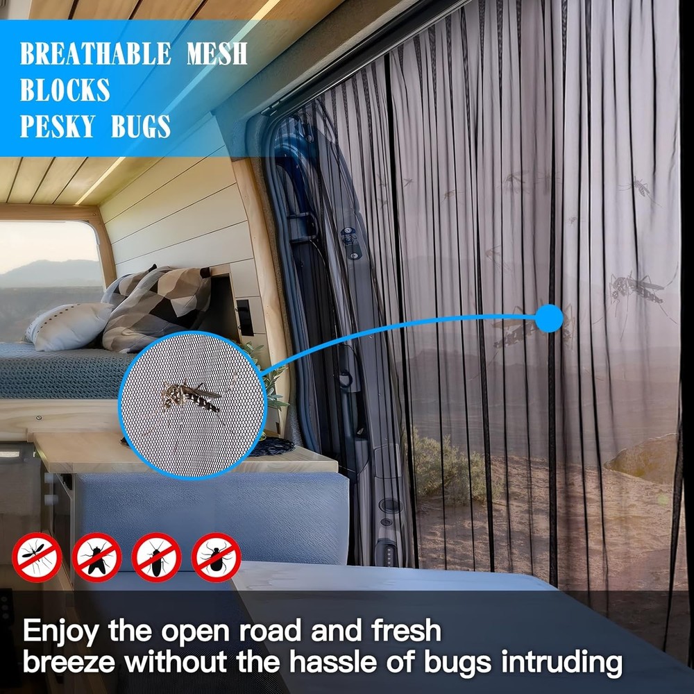Magnetic Mesh Bug Screen for Sliding Side Van Door - Easy Installation
