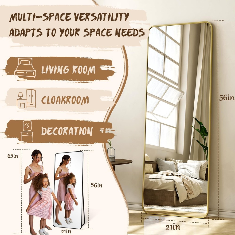 56"x21" Floor Full Length Mirror Standing Full Body Rounded Corner Rectangle ...