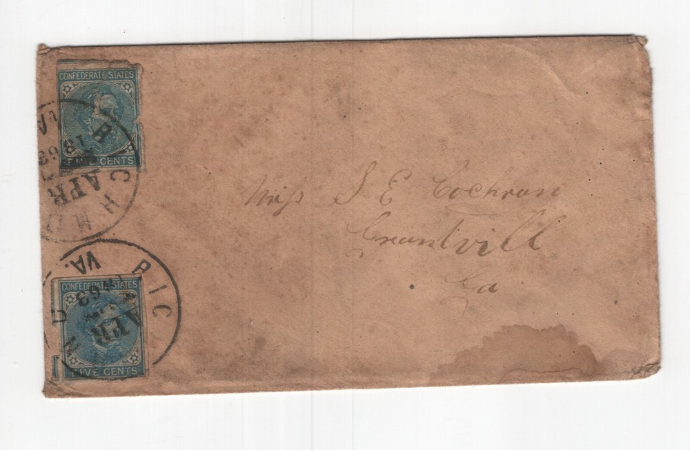 CONFEDERATE STATES CSA SC#7 - 2 SINGLES ON 1863 RICHMOND VA COVER