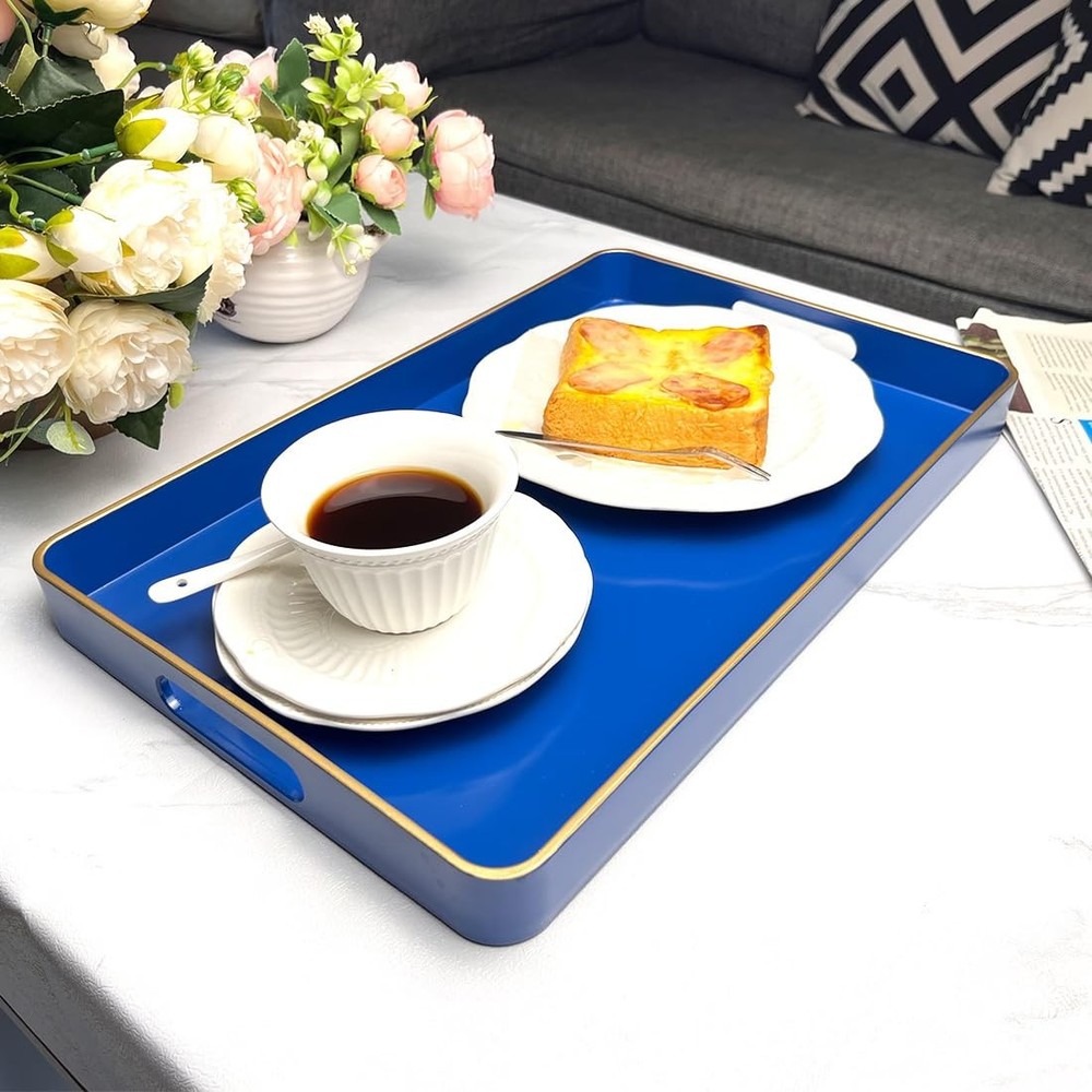 Navy Blue Serving Tray with Handles, Rectangular Decorative Tray for Coffee T...