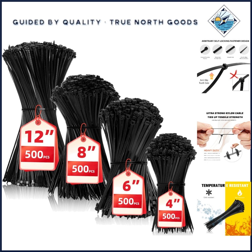 Durable Plastic Wire Ties, 2000 Pack with Varied Lengths for Cable Management