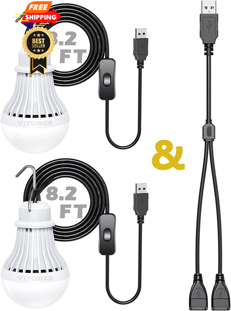 2 Pack USB Light Bulb, LED Camping Lantern, 8.2 ft Extra White