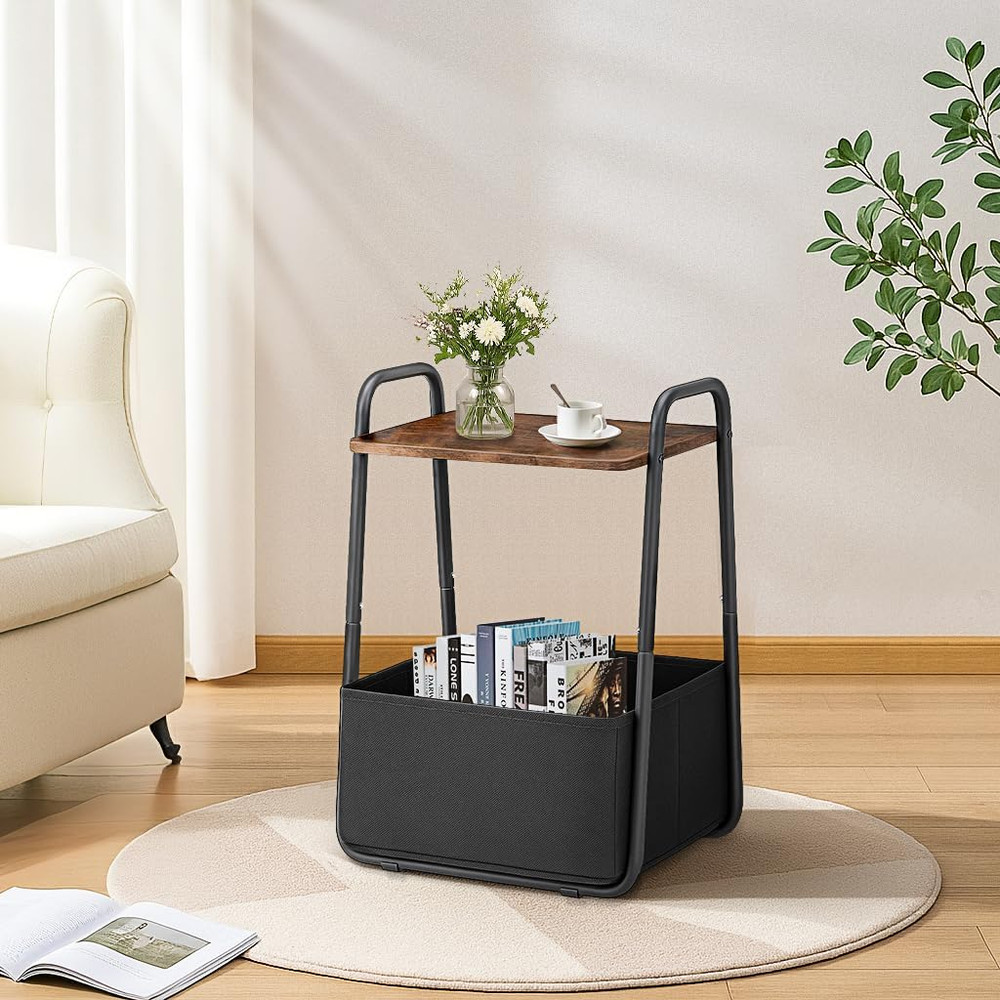 Rustic Brown Metal Frame Nightstand - Small Side Table with Fabric Storage Baske