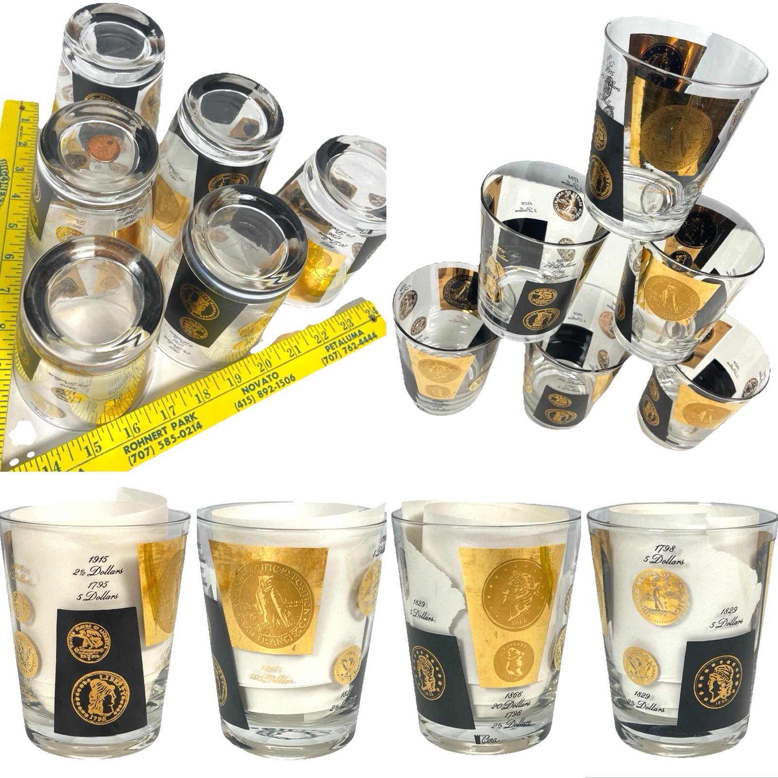 Cera Bob Wallack Gold Coin 6 Vtg Highball Glass Lot MCM Old Fashioned Cocktail