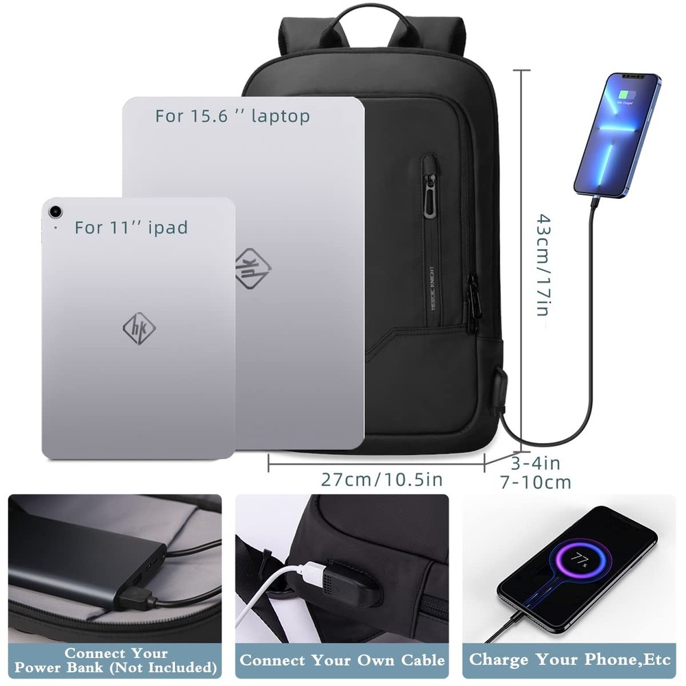 Backpack for Men Business Slim Backpack with USB Charger Computer Lightweight...