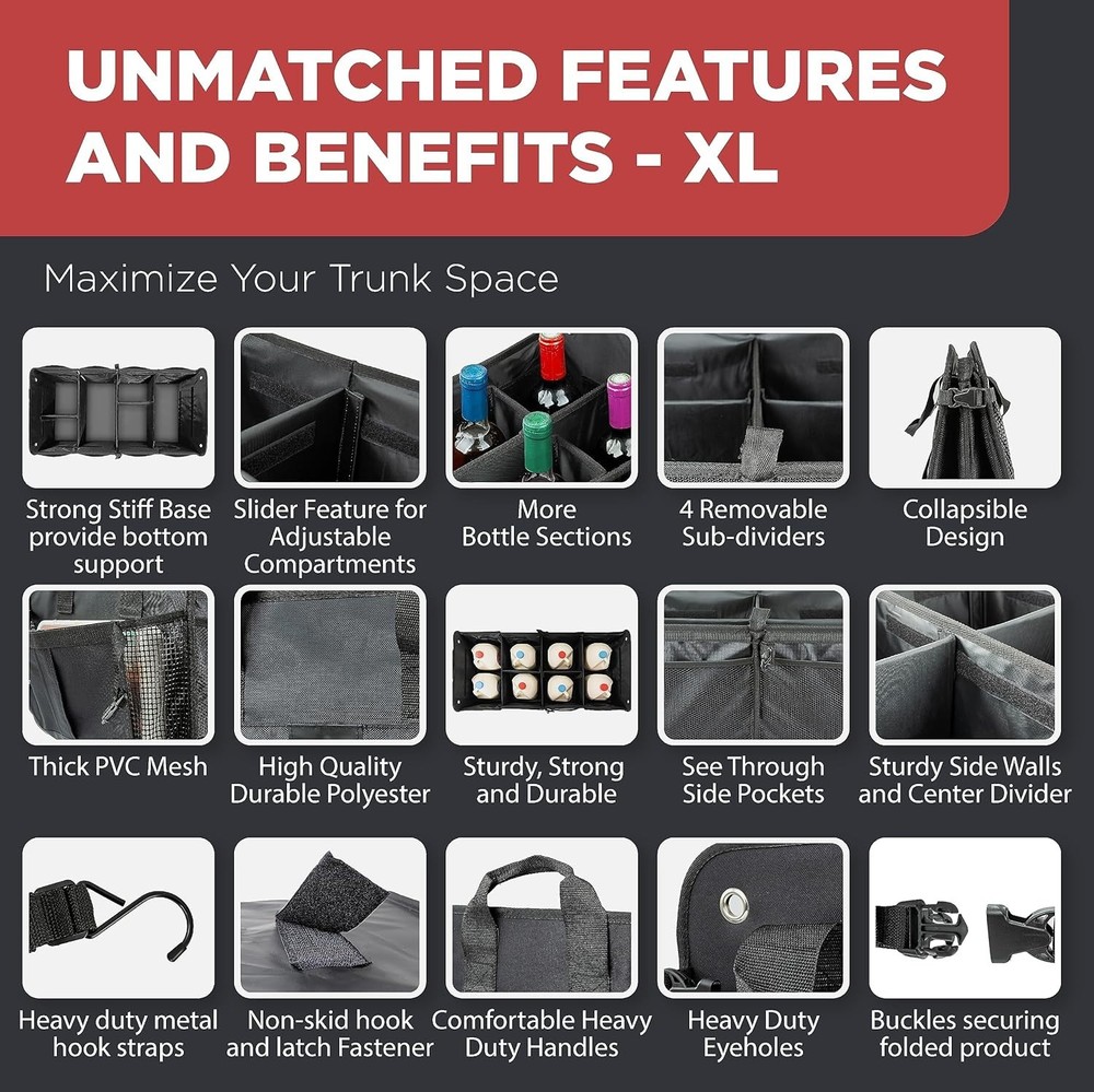 Versatile Car Storage Organizer with Adjustable Compartments and Securing Straps