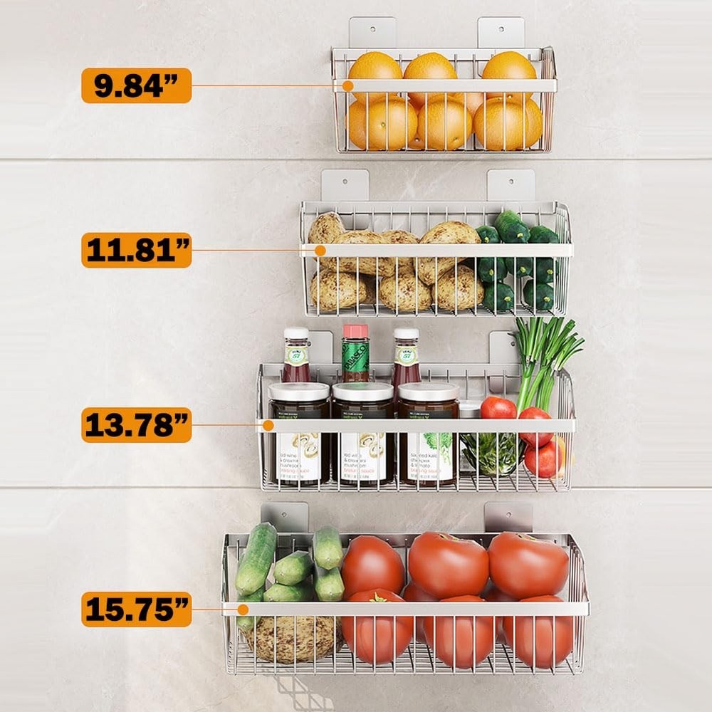 4 Set Hanging Wall Mount Storage Baskets, Multiuse Sturdy SUS304 Stainless St...