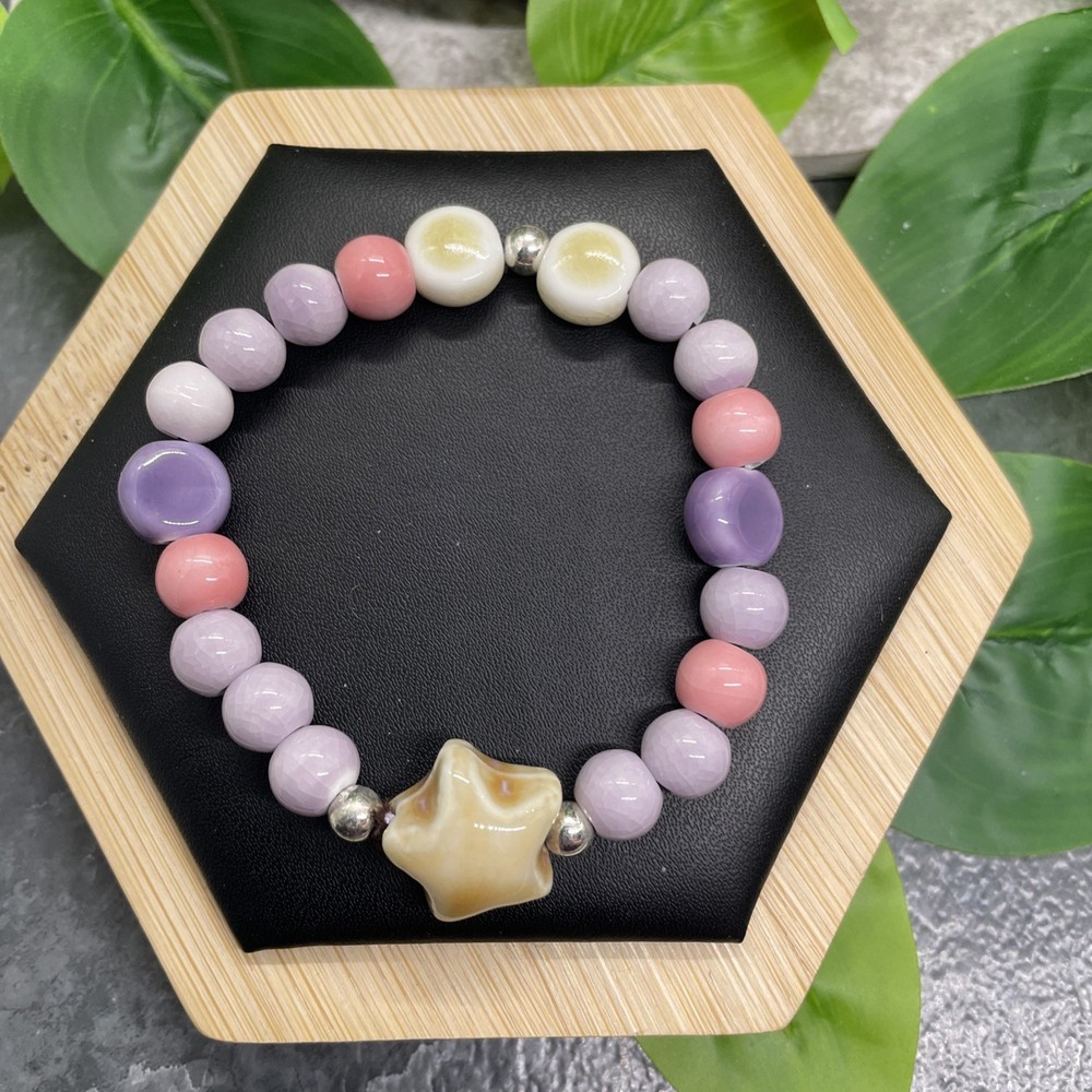 Handmade Ceramic Bead Beaded Stackable 6.5” Plus Stretch Bracelet New B8998