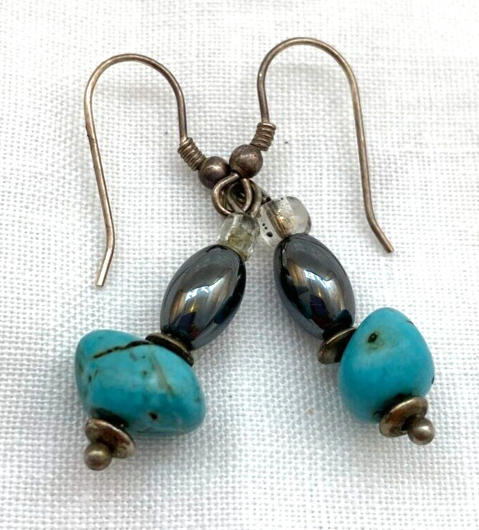 Hand Crafted Turquoise Hematite Beaded Drop Earrings 1.5"