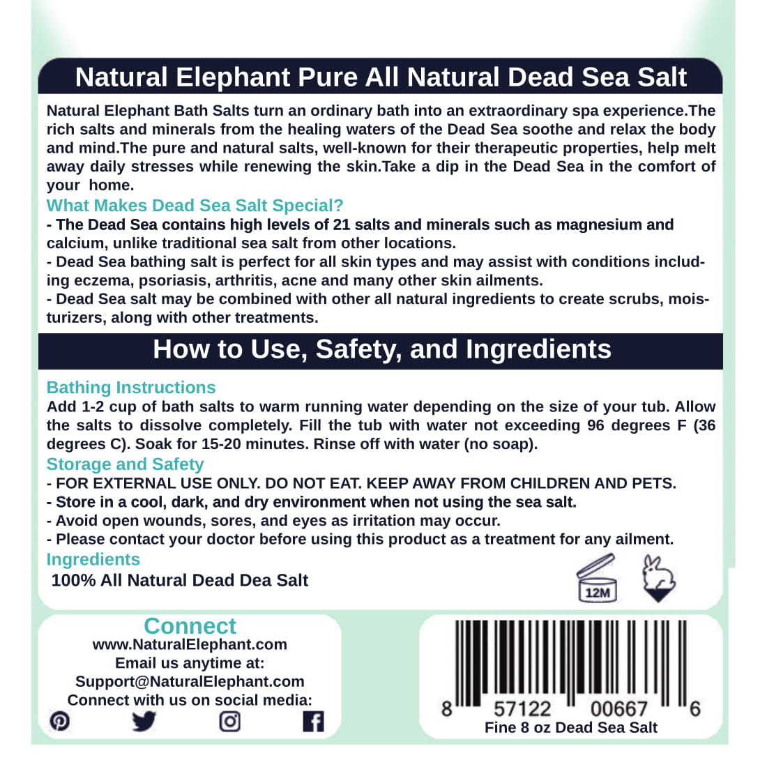 Natural Elephant Dead Sea Salt 100% Pure 1 lb, 2 lb, 5 lb, 10 lb Bag Fine Grain