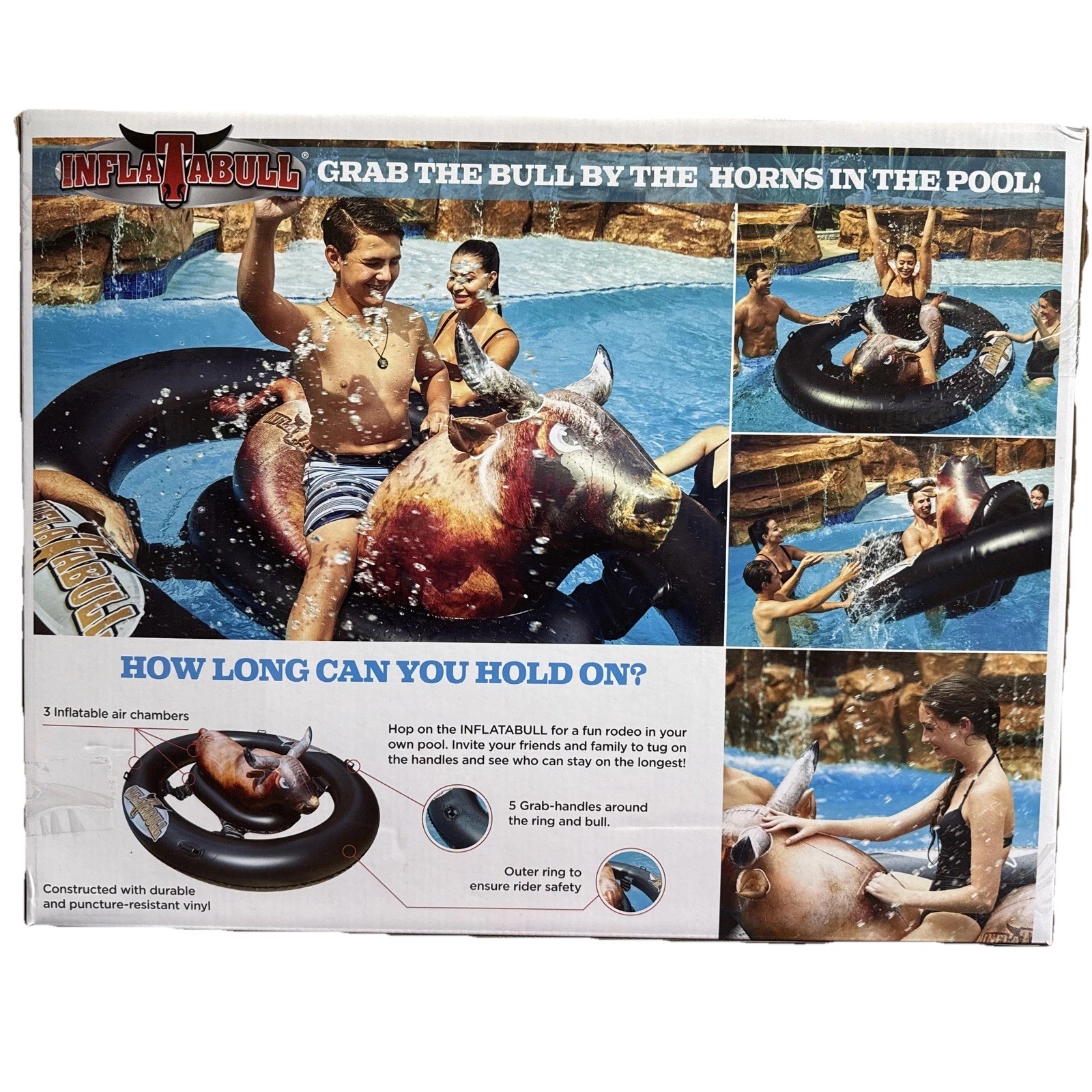 Inflatabull Inflatable Ride On Rodeo Bull Pool Toy Float Ages 9+ New Unopened