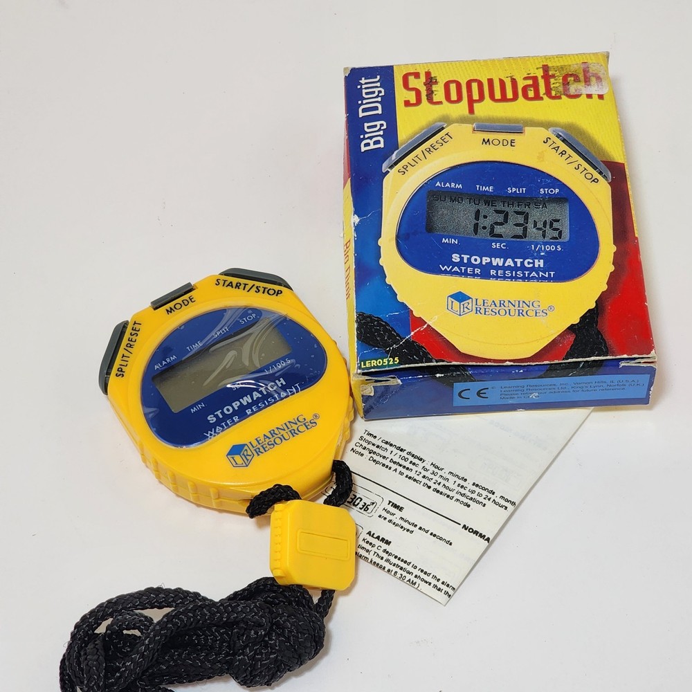 Learning Resources Stopwatch Big Digit Waterproof 1/100 Second Alarm Yellow