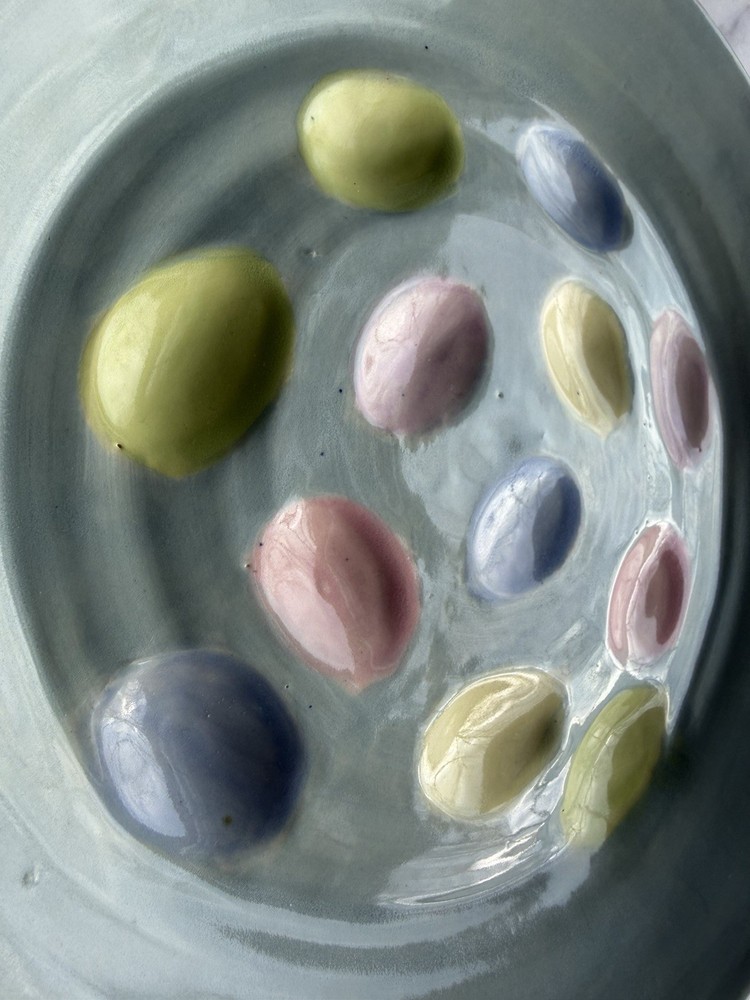 9.5” Deviled Egg Serving Dish, Handmade Pottery, Pastel Colors, Spring, Easter