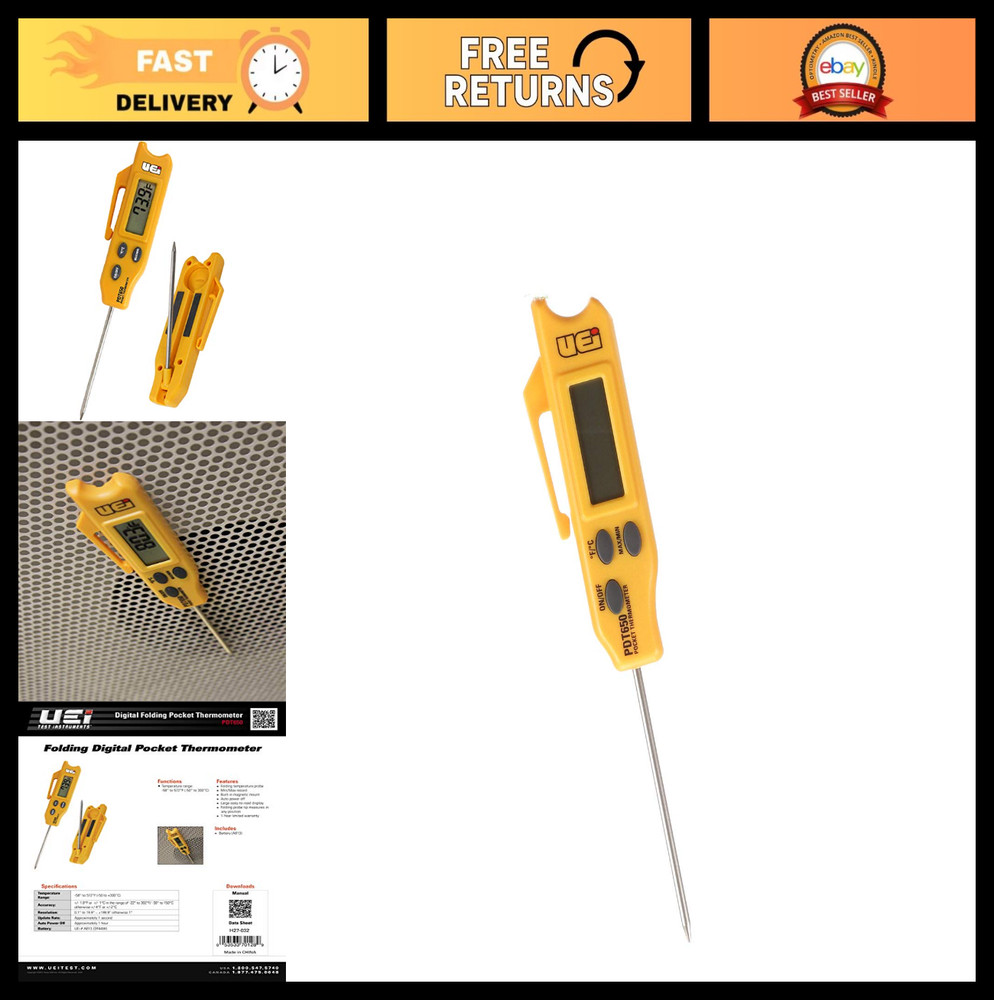 Folding Pocket Digital Thermometer - Fast Read, Waterproof, Compact Design, Yell