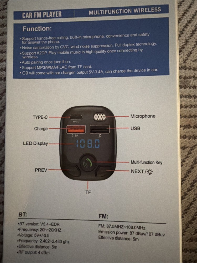 Bluetooth 5.0 Car FM Transmitter PD Type C 2USB PD Charger AUX Hands-Free 18W