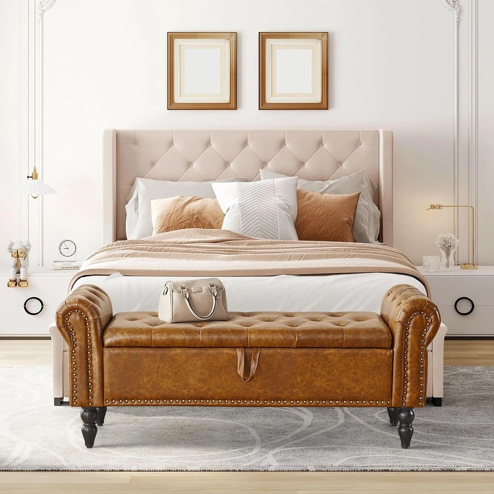 Furniliving Storage Ottoman Bench - Leather Ottoman with Solid Wood Legs