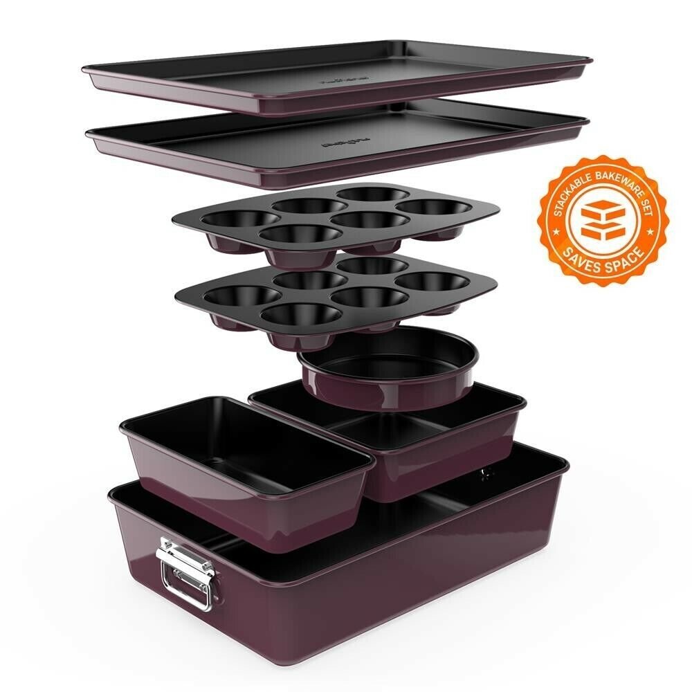 Nutrichef 8pcs. Stackable Carbon Steel Bakeware Sets- Non-Stick Coating (Purple)