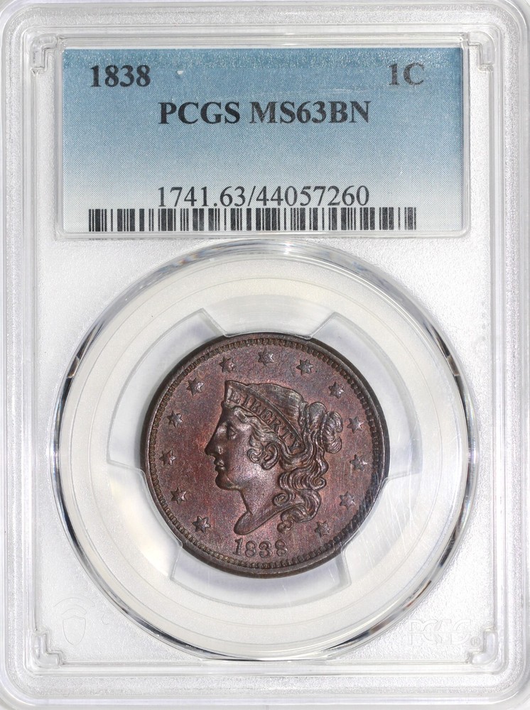 1838 1c Matron Head Large Cent PCGS MS 63 BN