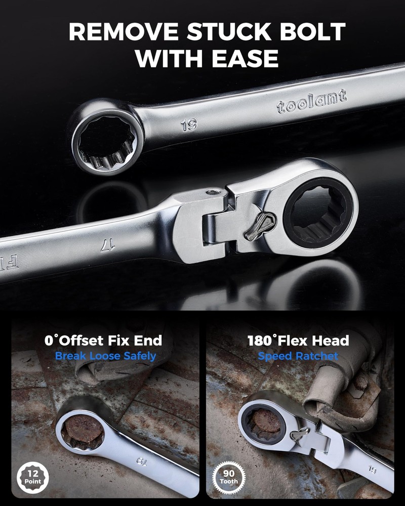 12pcs Ratcheting Wrench Set, Reversible Flex Head & Offset Head Double Box-En...
