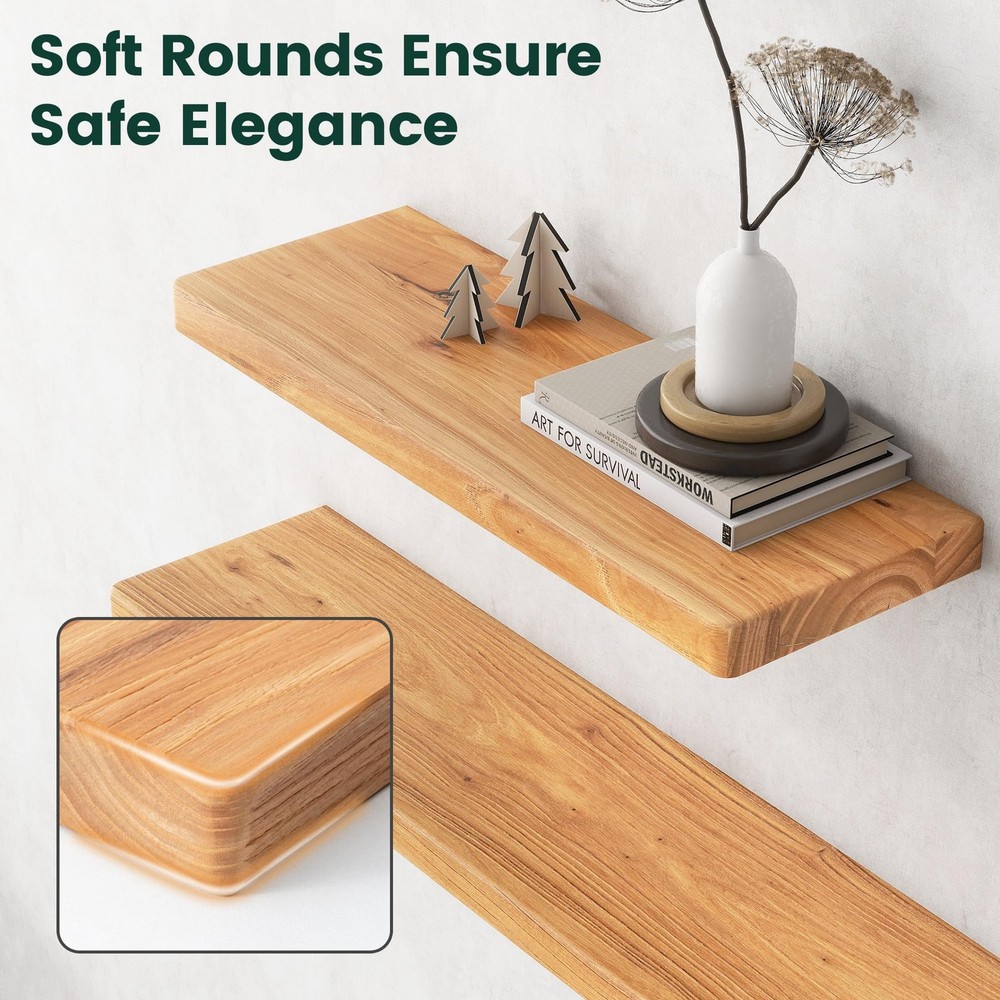 48 Inch Flat Edge Floating Shelves, 8 Inch Deep Solid Elm Wood Wall Shelf, He...