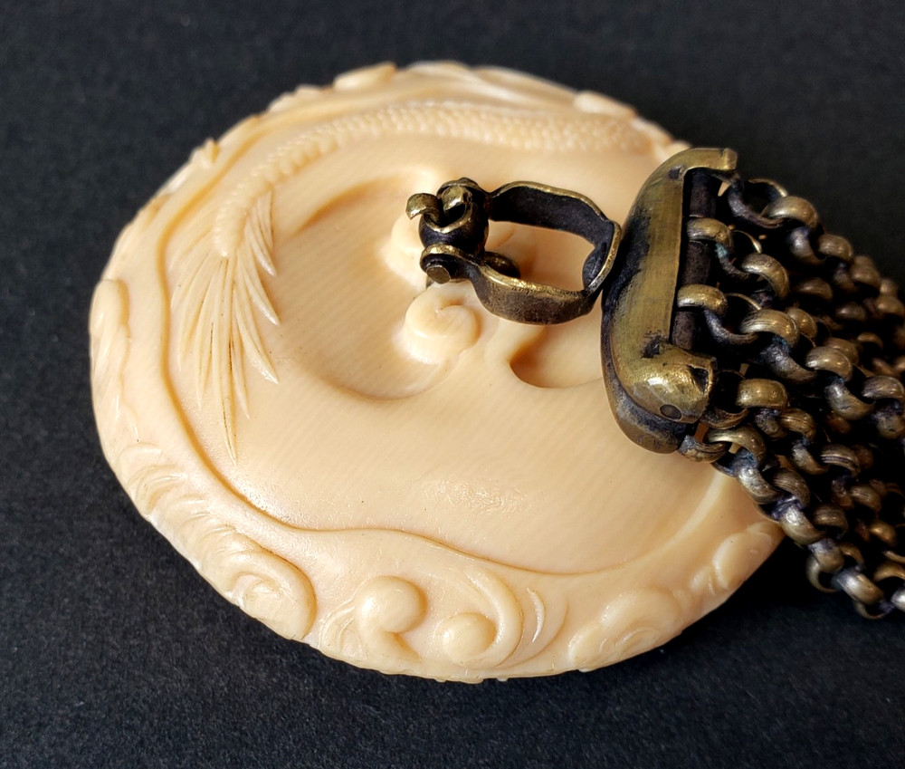 Super Detailed Front & Back Celluloid Dragon Netsuke Button Complete with Chains