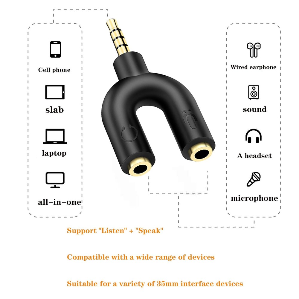 Sairps Headphone mic Splitter Mini U Shape Stereo trrs Black
