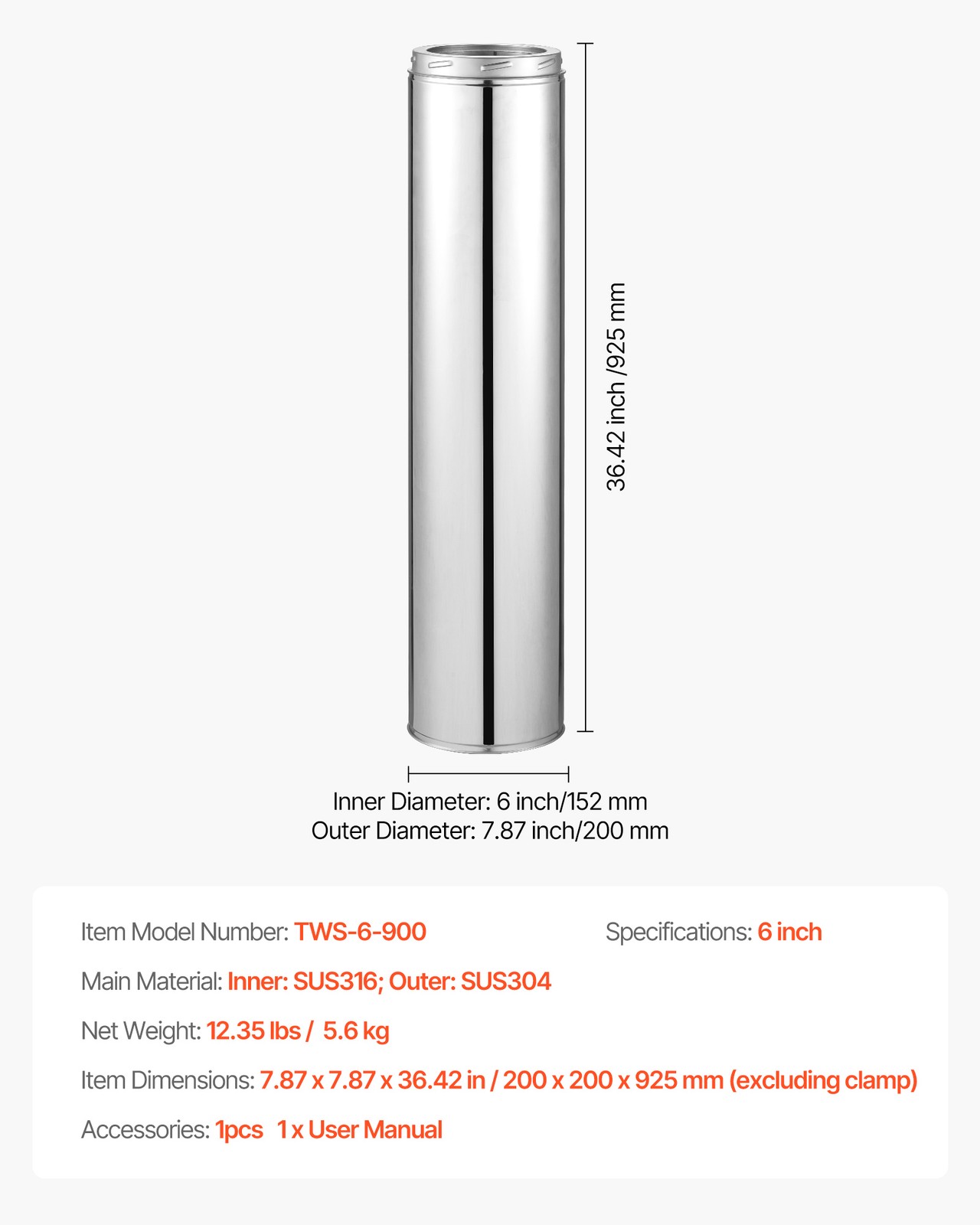 VEVOR 6 x 36 Inch Double Wall Insulated Chimney Pipe Stainless Steel Stove Pipe