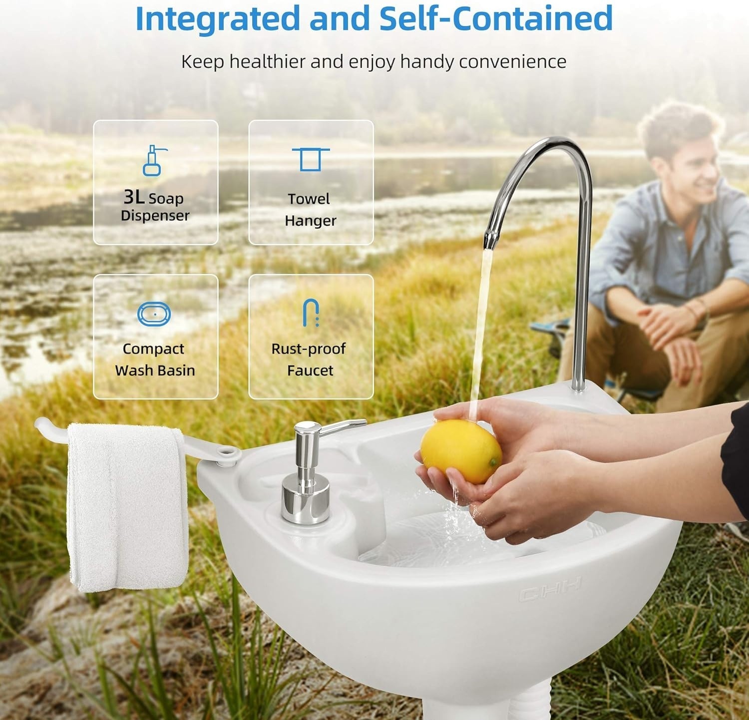 Lavamanos portátil para acampar con base de 17 L y bolsa de transporte (Blanca)