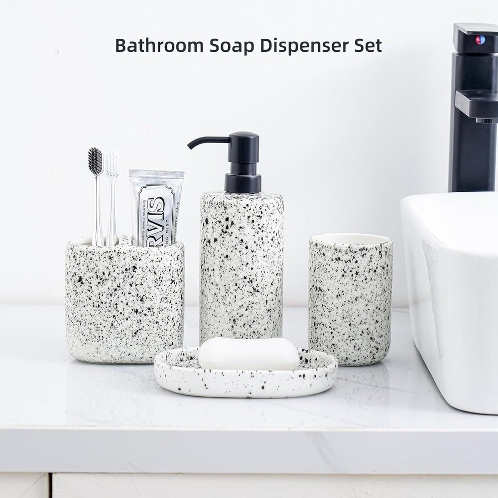 Bathroom Accessories Set 4 Pcs - Featuring Unique Ink-Splattered Design White