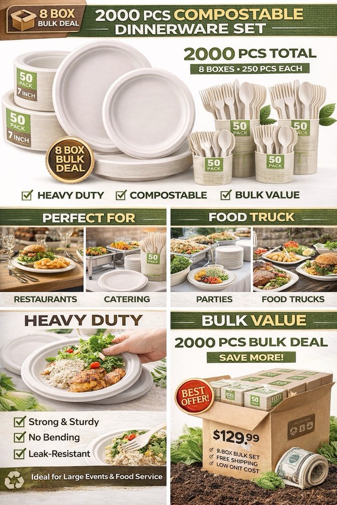 Brand New Bulk Compostable Dinnerware Set – 8 Boxes / 2000 Total Pieces