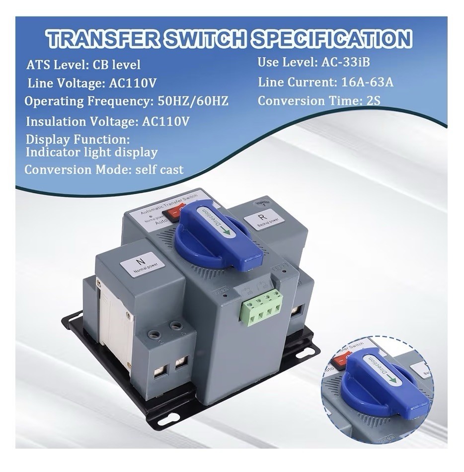 AC 110V 63A 2P Automatic Transfer Switch Solar ATS Generator Dual Power Change