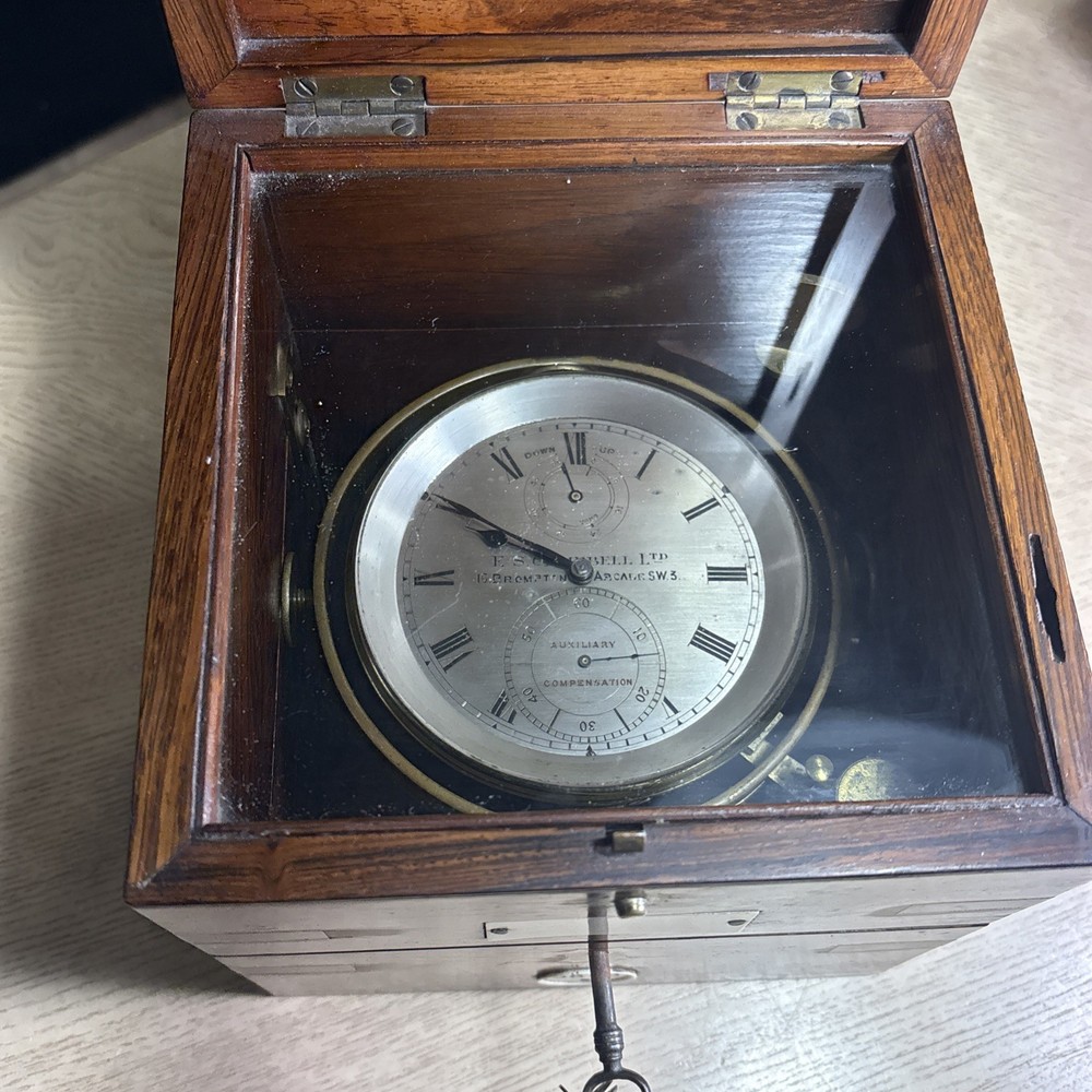 ANTIQUE ENGLISH MARINE CLOCK RETAILED BY E.S. CAMPBLELL LTD.-COMPLETE - WORKING