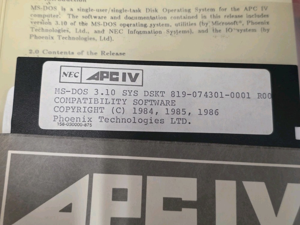Vintage NEC APC IV Advanced Personal Computer MS-DOS 3.1 Guide & Floppy Disk