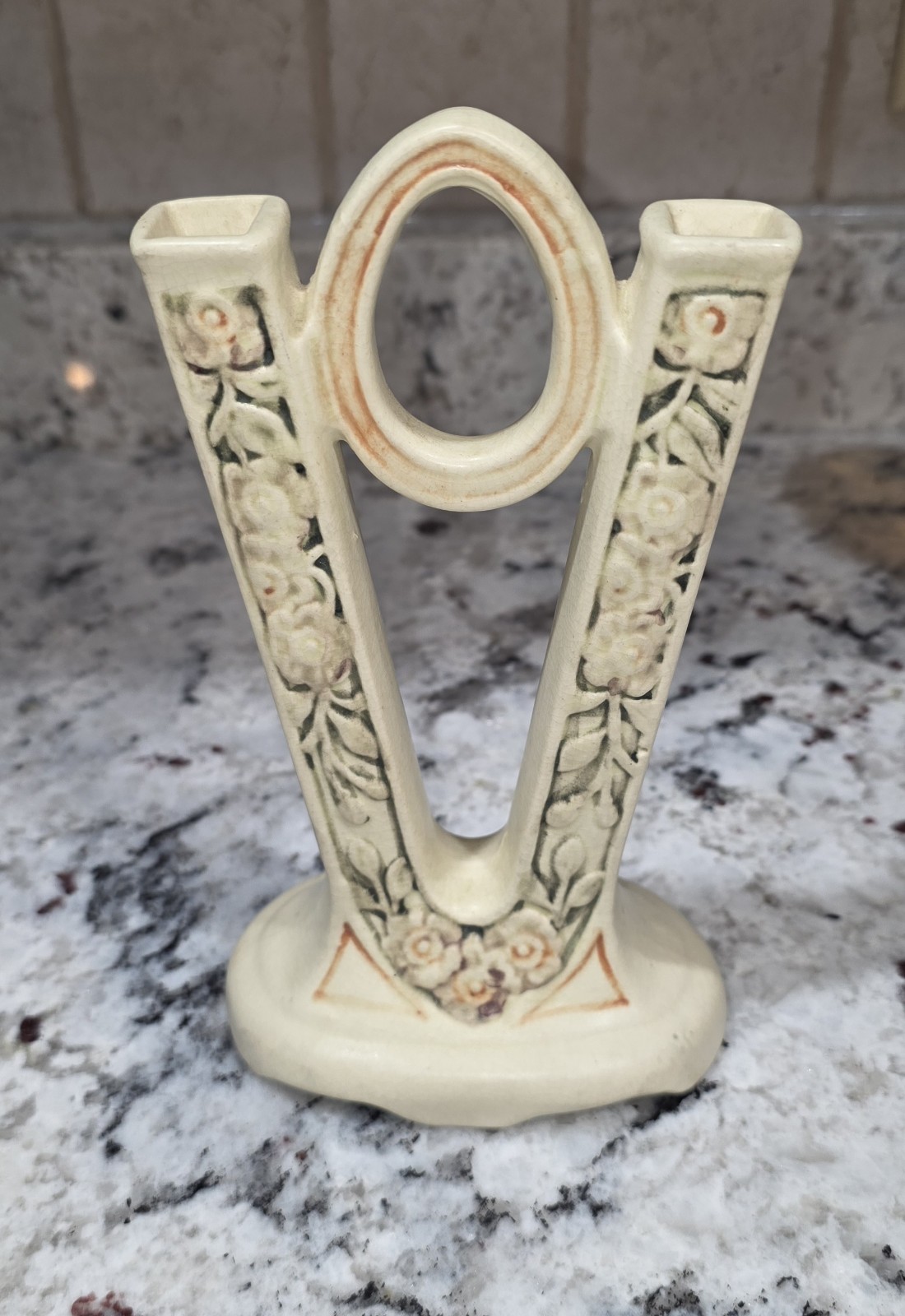 Weller Pottery Roma "V" Double Bud Vase; 1920s Antique! Pink and Green on Ivory