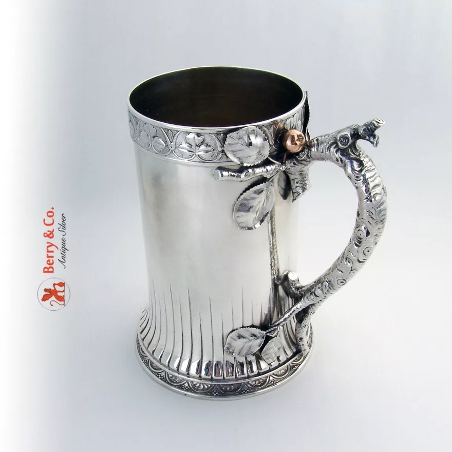 Mixed Metals Tankard Apple Tree Bark Handle Gorham 1880 Sterling Silver