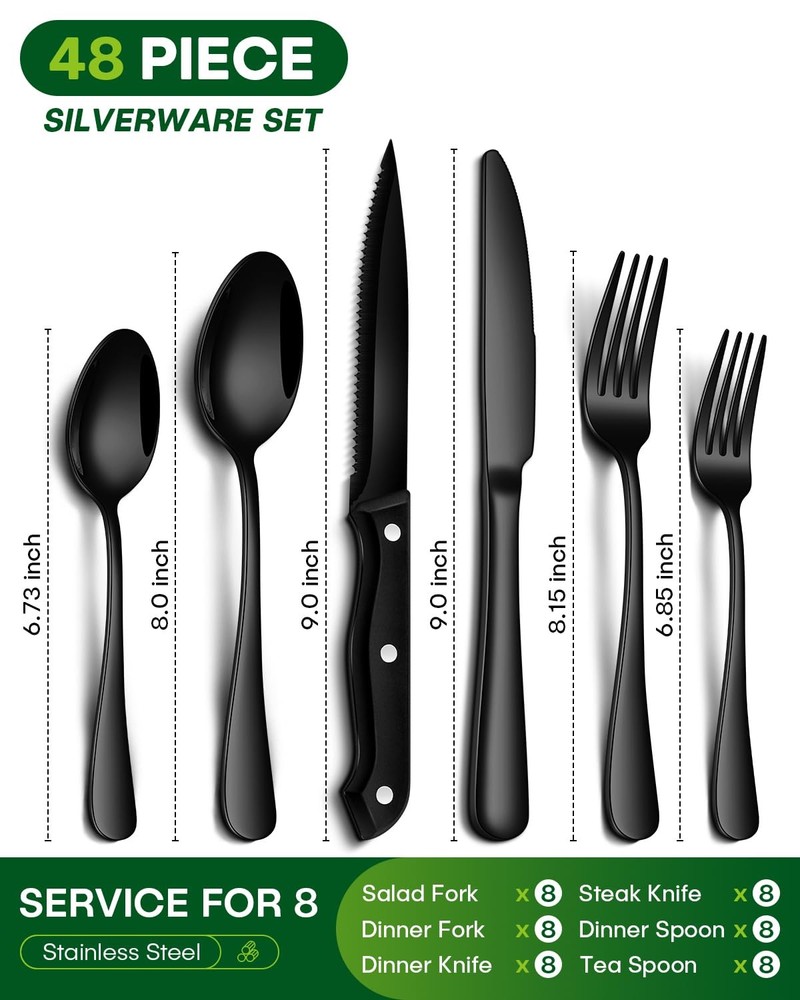 Black Silverware Set, 48-Piece Flatware Set with Steak for 8, Stainless Steel...