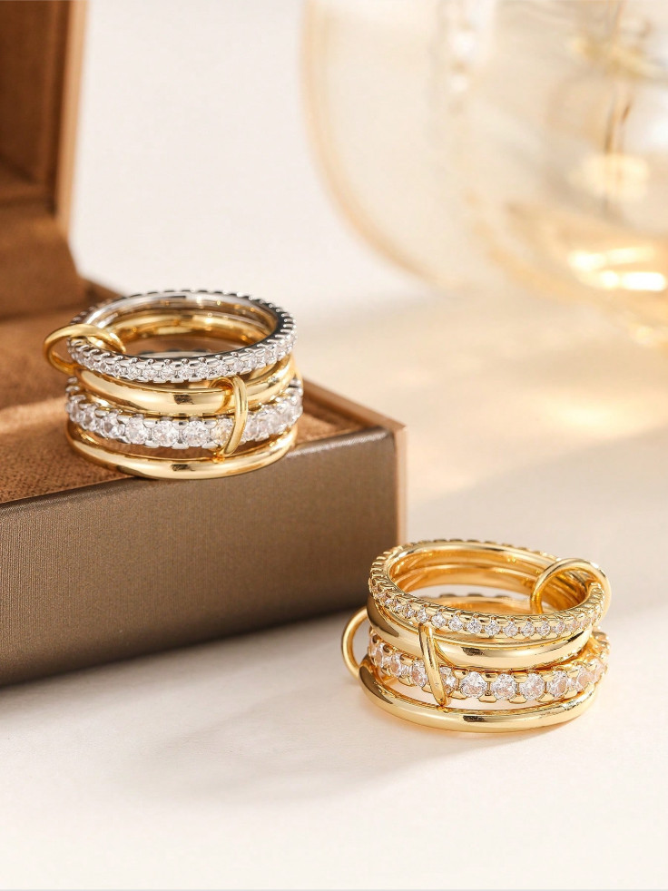 4pc Gold Stackable Ring Set CZ Cubic Zirconia Adjustable Multi-Layer Women
