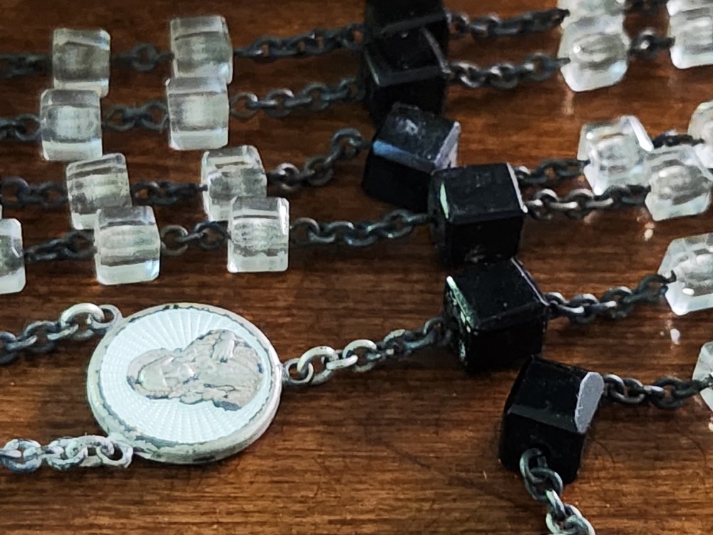 Antique Swift & Fisher Sterling Silver White Enamel Rosary & Vtg Art Nouveau Box