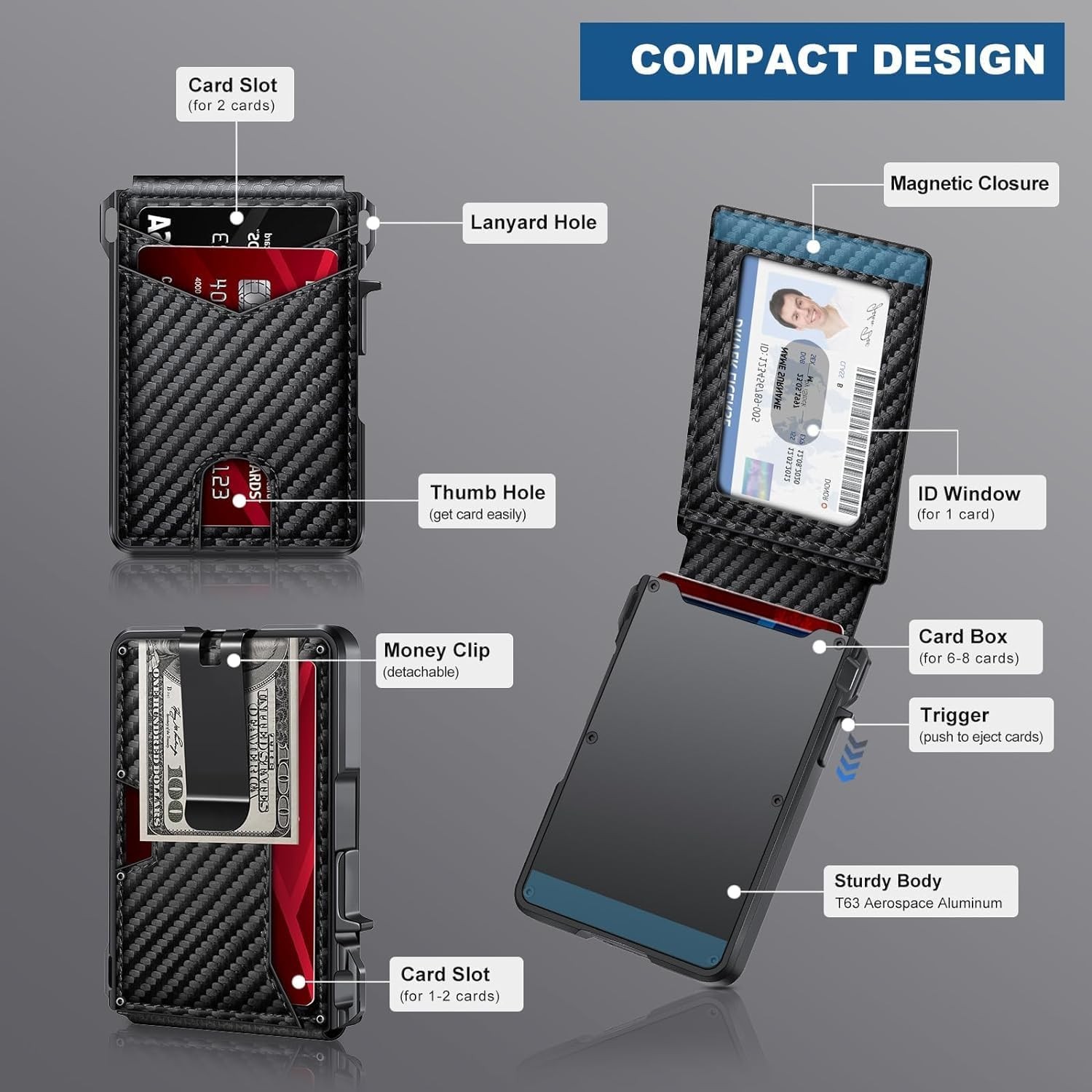 Men's Slim PopUp Bifold Carbon Fiber Wallet, RFID Blocking, Money Clip, Men Gift