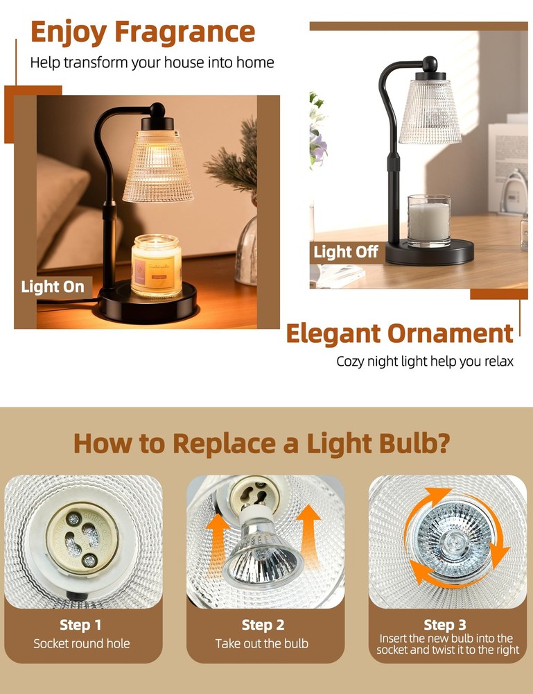 Candle Warmer Lamp for Jar Candles, Height Adjustable & Dimmable with 2/4/8H ...