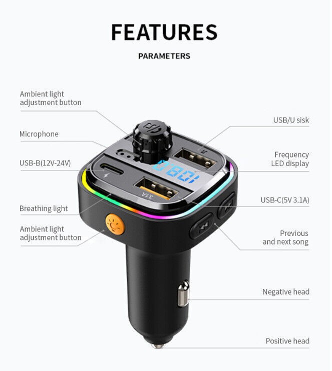 Universal Bluetooth 5.0 Car Wireless Adapter FM-Transmitter MP3 Radio USBCharger