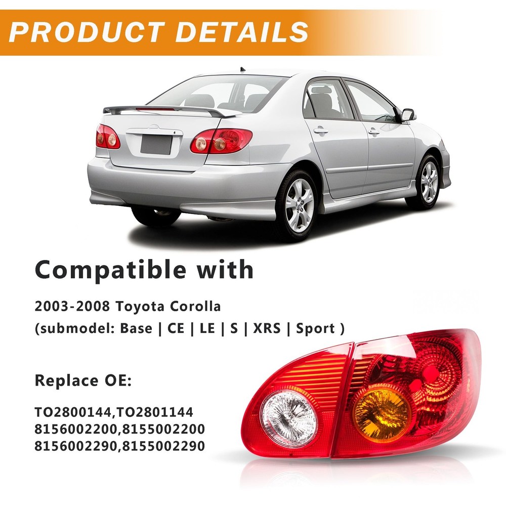 Tail Lights Assembly Compatible with 2003-2008 Toyota Corolla Inner + Outer T...