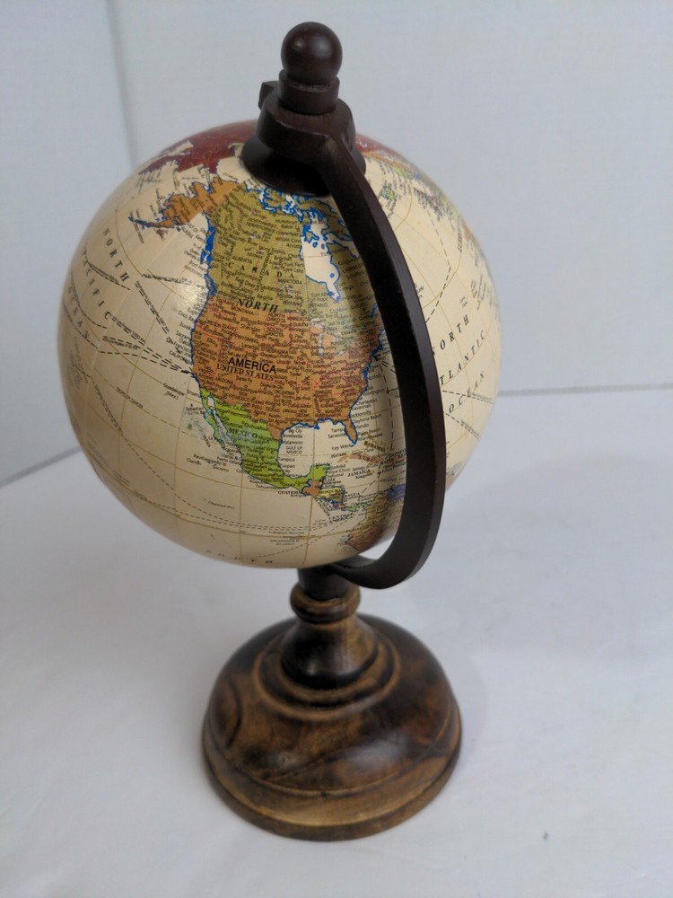 Wood Base World Globe Decor 9.5" tall