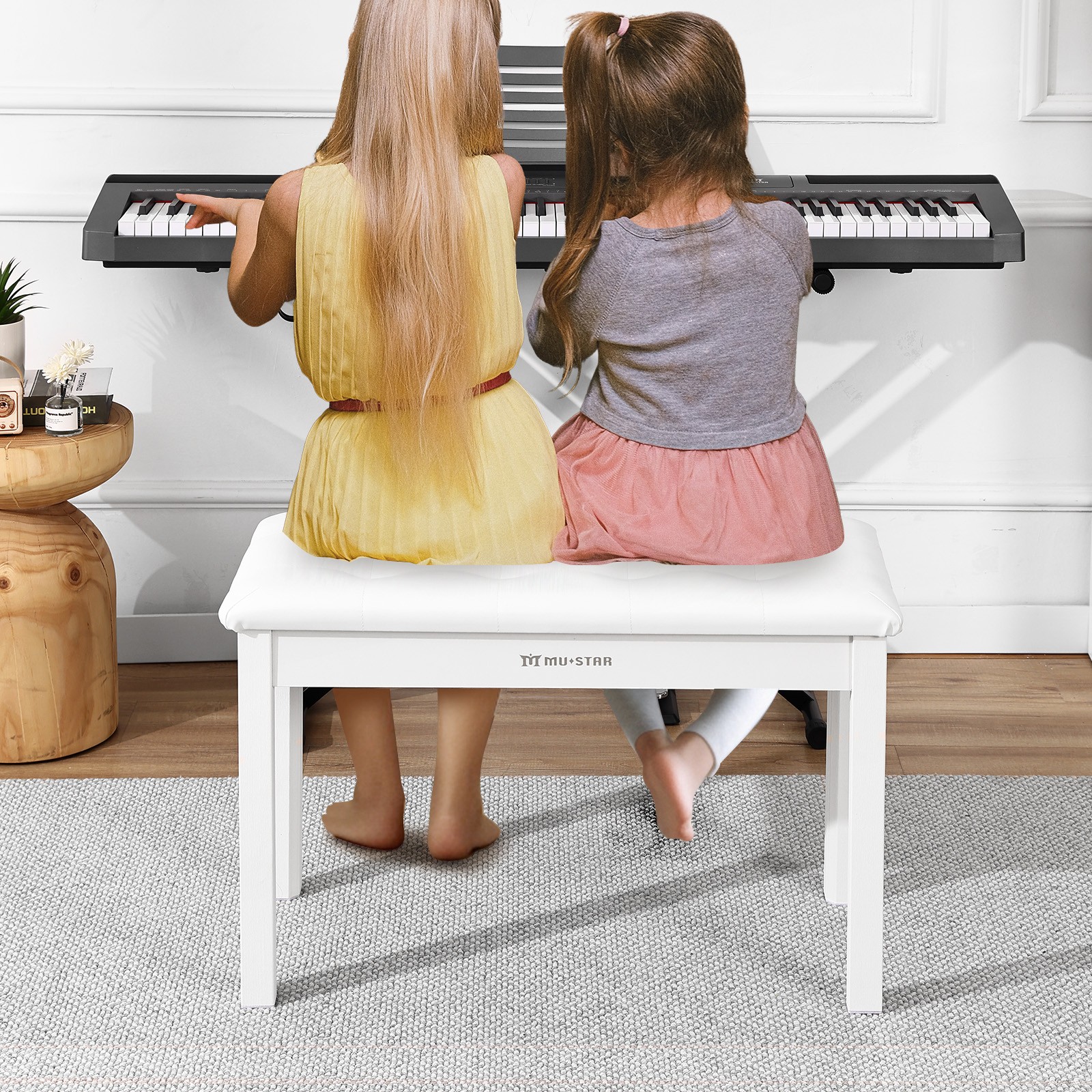 Wooden White Duet Piano Keyboards Bench Vanity Stool with Storage,Padded Cushion