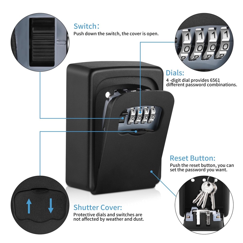 Key Lock Box Wall Mounted,4 Digit Combination Weatherproof Lockbox for Outsid...