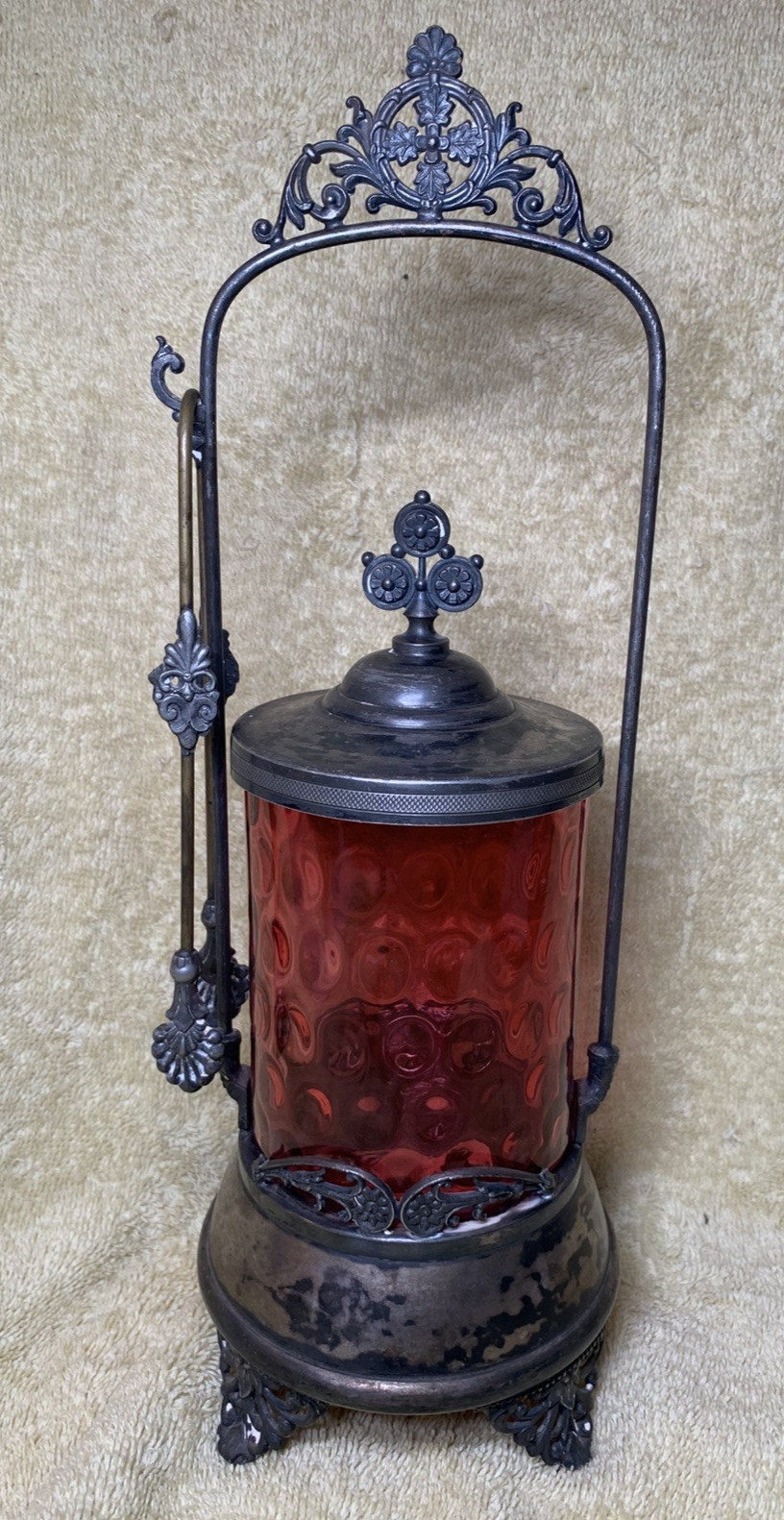 Antique Victorian Style Pickle Castor W/ Tongs Coin Dot Glass Cranberry Red