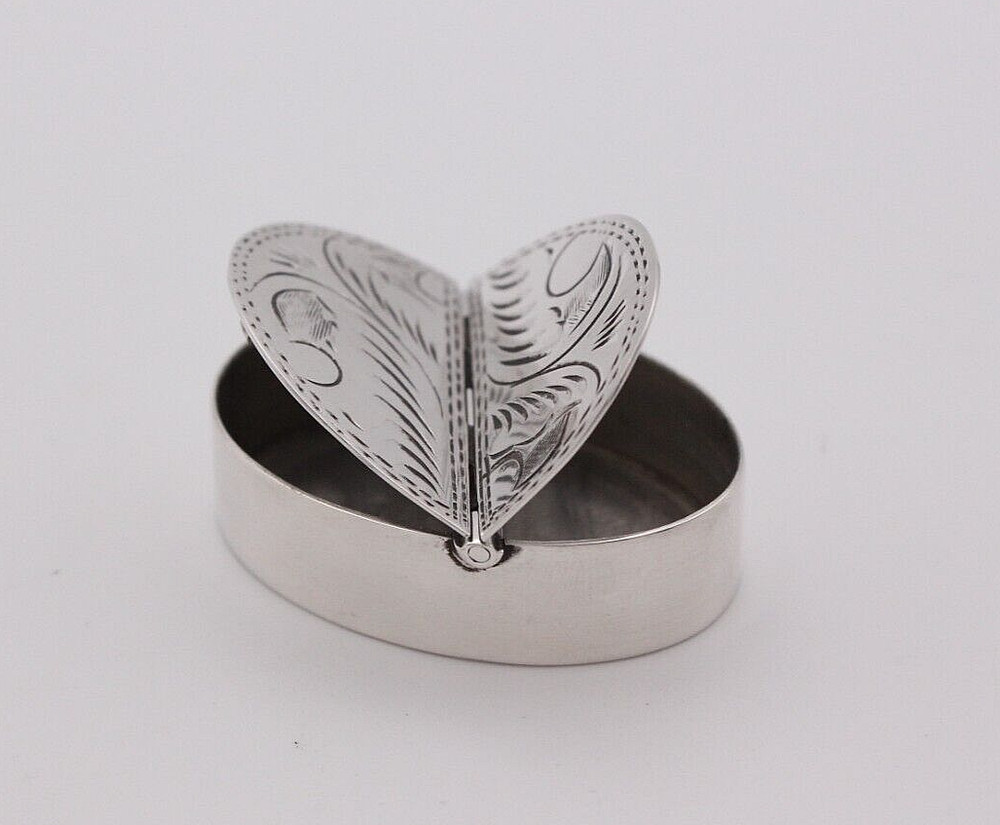 Sterling Silver Pill Box Double Opening , Engraved ,Oval 3.8 cm long