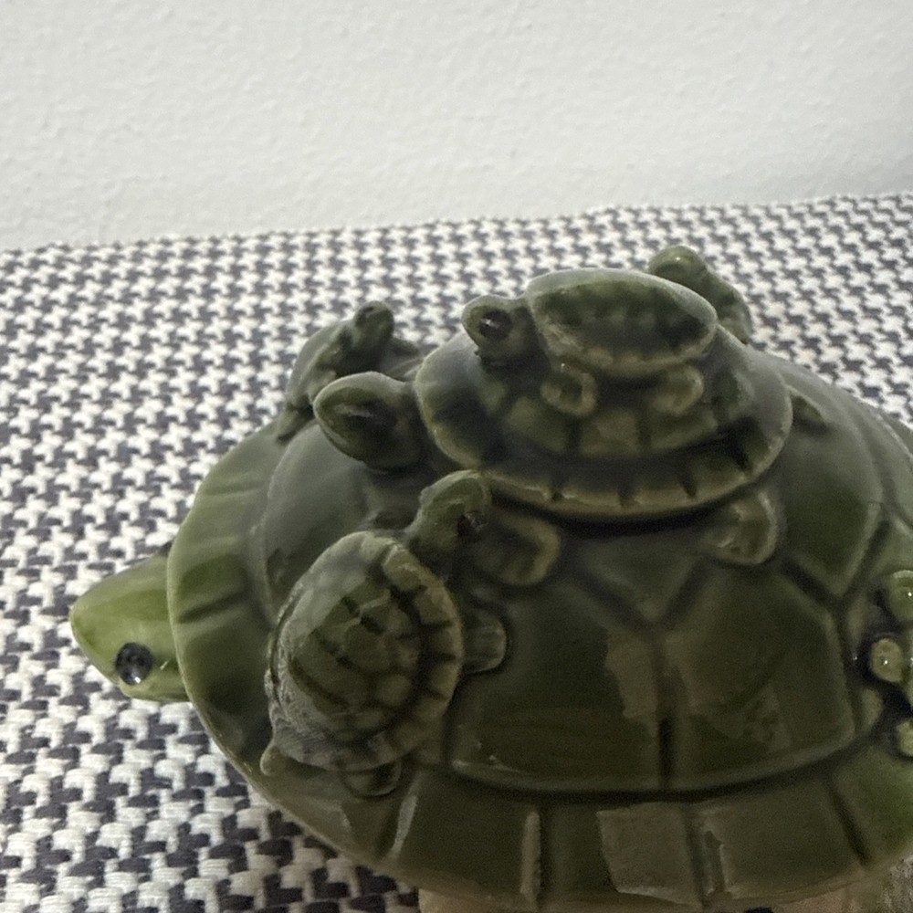 Vintage Ceramic Green Glazed Bobble Head Turtle 3” Long