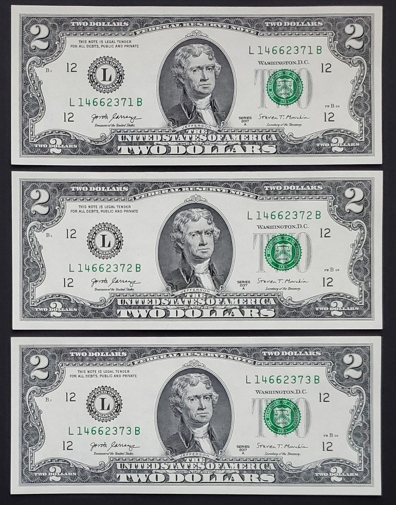 3x $2 Consecutive Notes L14662371B-373B 2017A Crisp UNC Sequential Run